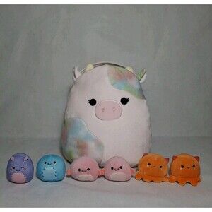 Squishmallows Original 12" Candess Cow Easter Basket 6 Micromallows/Squishvilles
